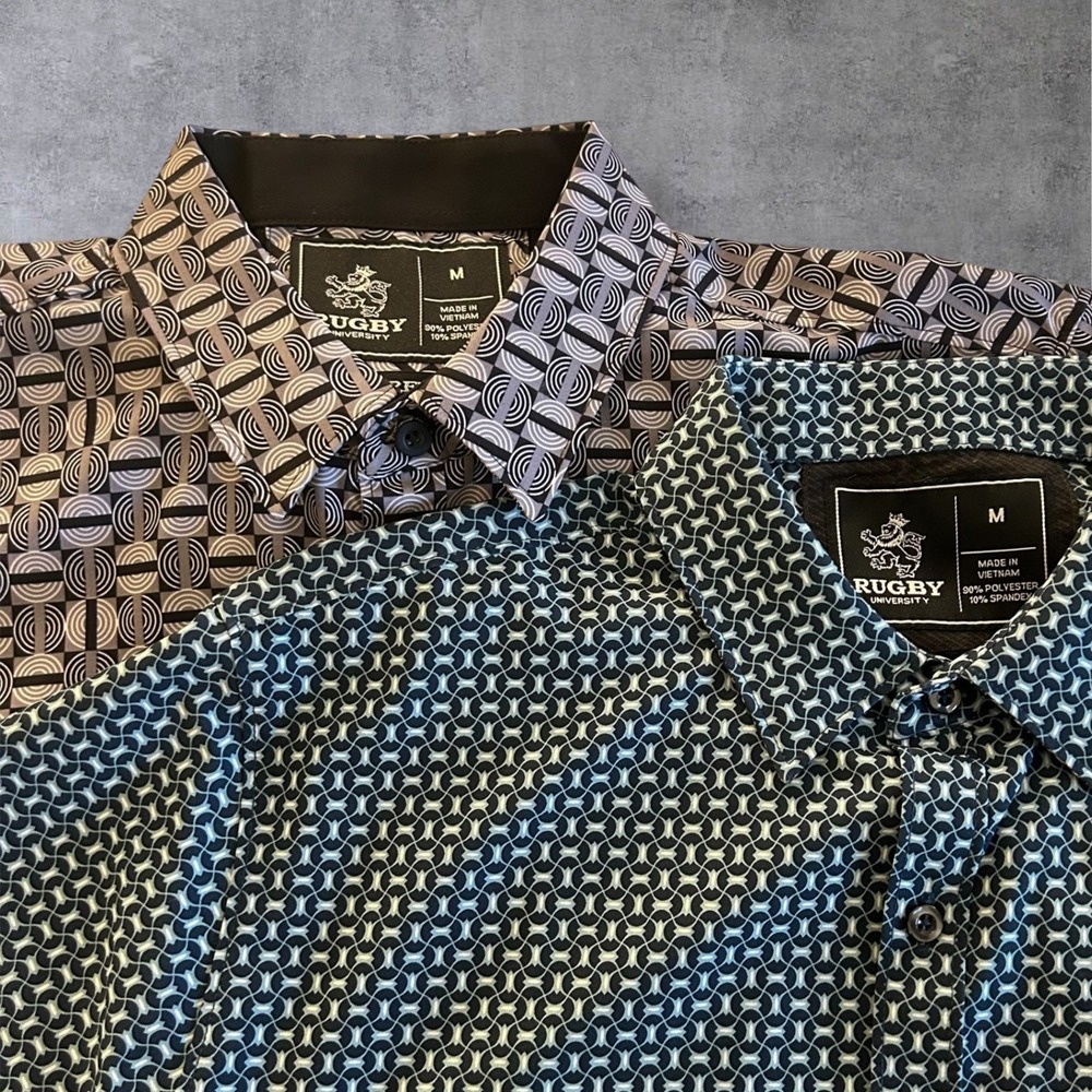 Rugby University Bundle 2 Mens Med Short Sleeve Button Stretch Shirts Blue Black